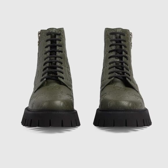 GUCCI BOOTS MENS ANKLE GREEN GG LOGO LEATHER ZIPPER LACE-UP sz 10 10.5 - Picture 3 of 16